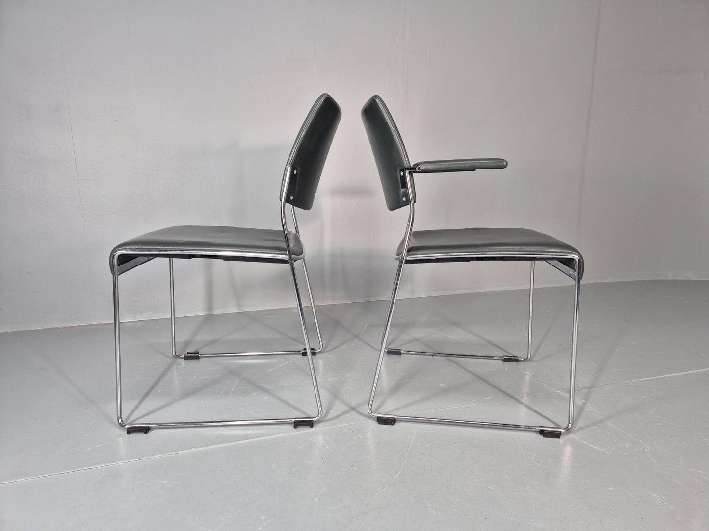 6 Leather Stacking Chairs Brunner Linos Dark Green Chrome Modern EB11735 MSTA3