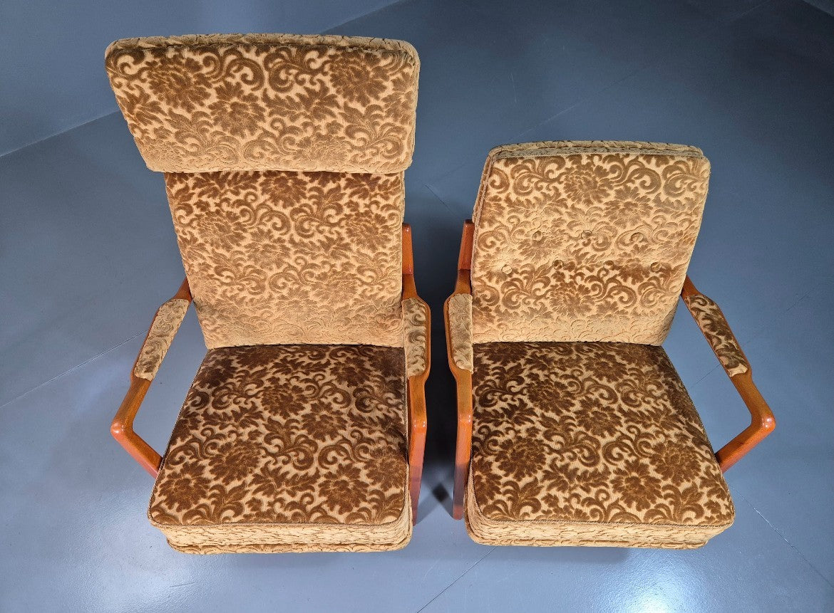 2 Swedish Lounge Chairs Gold Floral Moquette Beech Vintage 1960s MCM EB7031 MNOR15