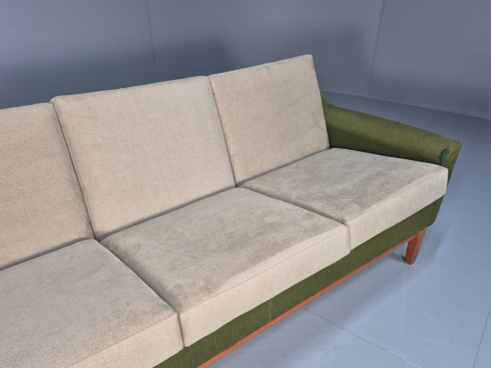 Mid Century 3 Seater Sofa Green Cream Fabric Teak Vintage Scandi EB9794 M3SS - UKDK FURNITURE