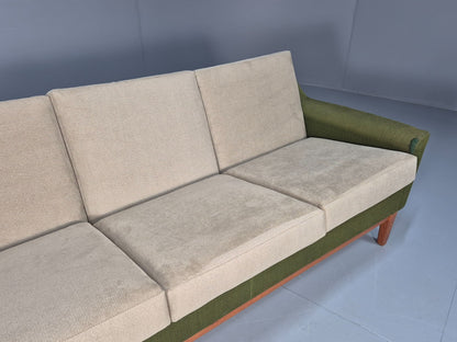 Mid Century 3 Seater Sofa Green Cream Fabric Teak Vintage Scandi EB9794 M3SS - UKDK FURNITURE