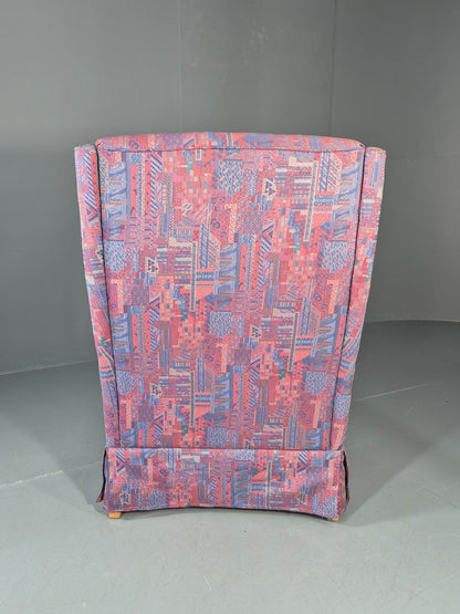 Vintage Danish Wingback Chair 1980s Retro Geometric Cotton Weave EB11291 MNOR9