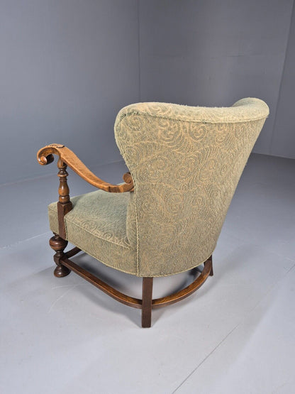 Vintage Danish Lounge Chair Green Moquette Carved Oak Frame 1940s EB8981 VCLO - UKDK FURNITURE