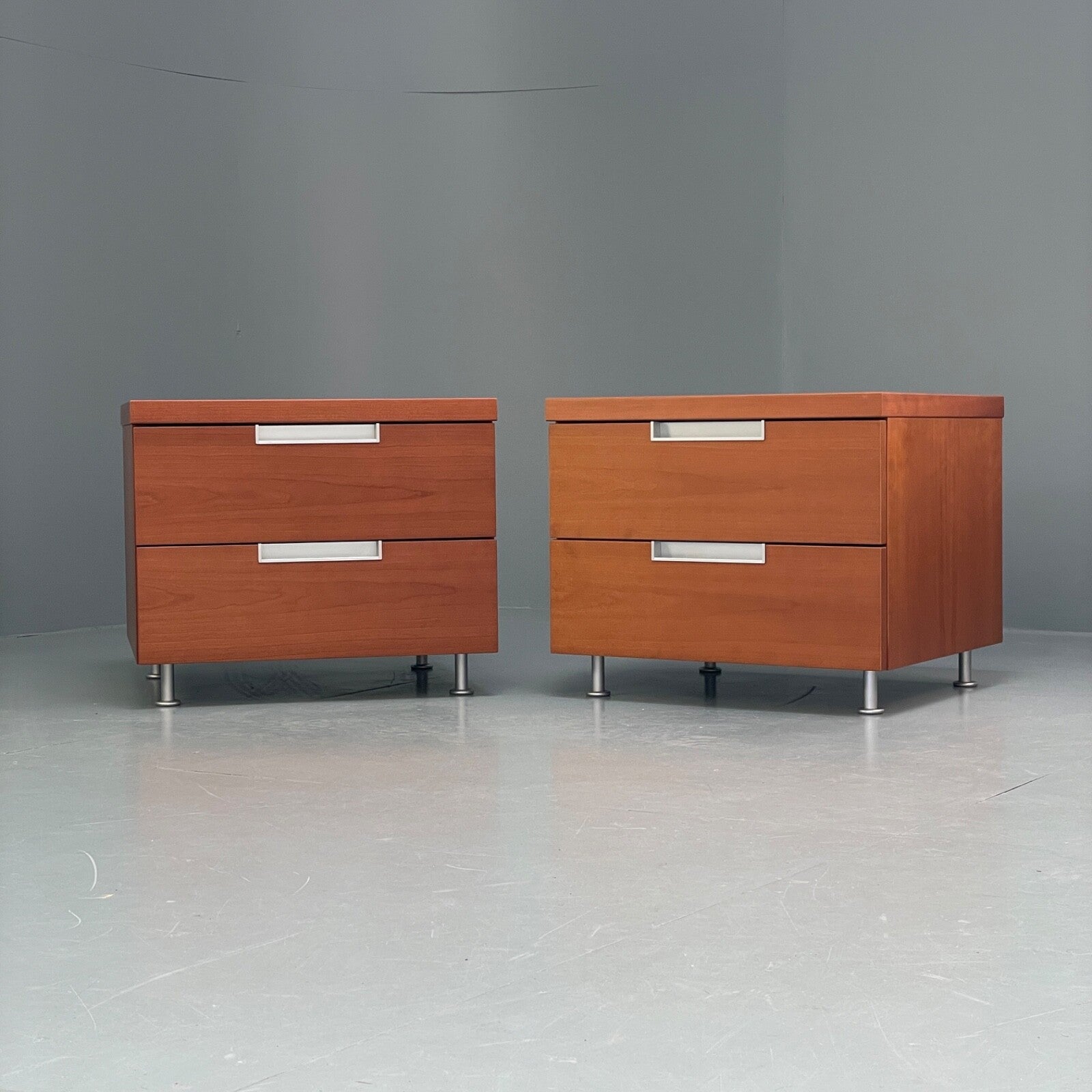 Vintage Pair Bedside Tables Cherry Wood Aluminium 1980s Drawers EB9819 MWOO - UKDK FURNITURE