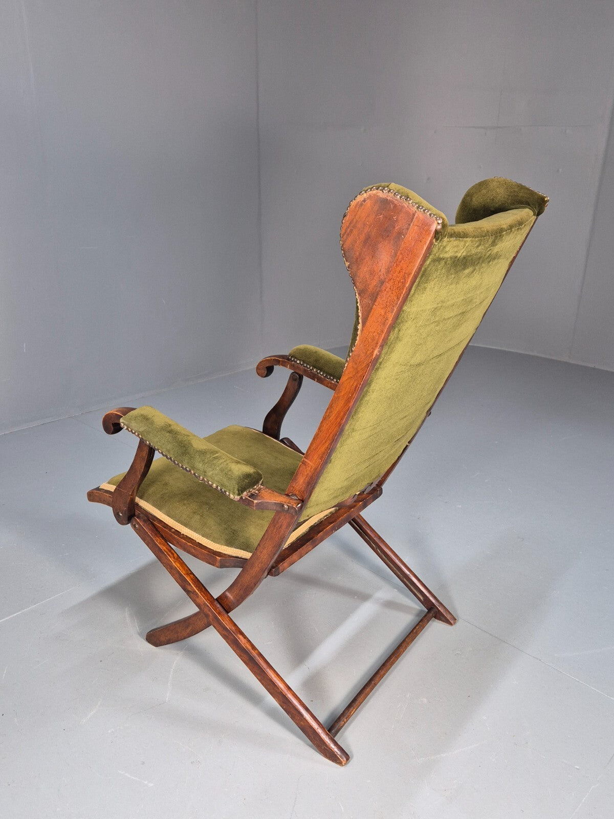Antique Campaign Chair in Green Velour and Mahogany Victorian EB9696 VCLO - UKDK FURNITURE