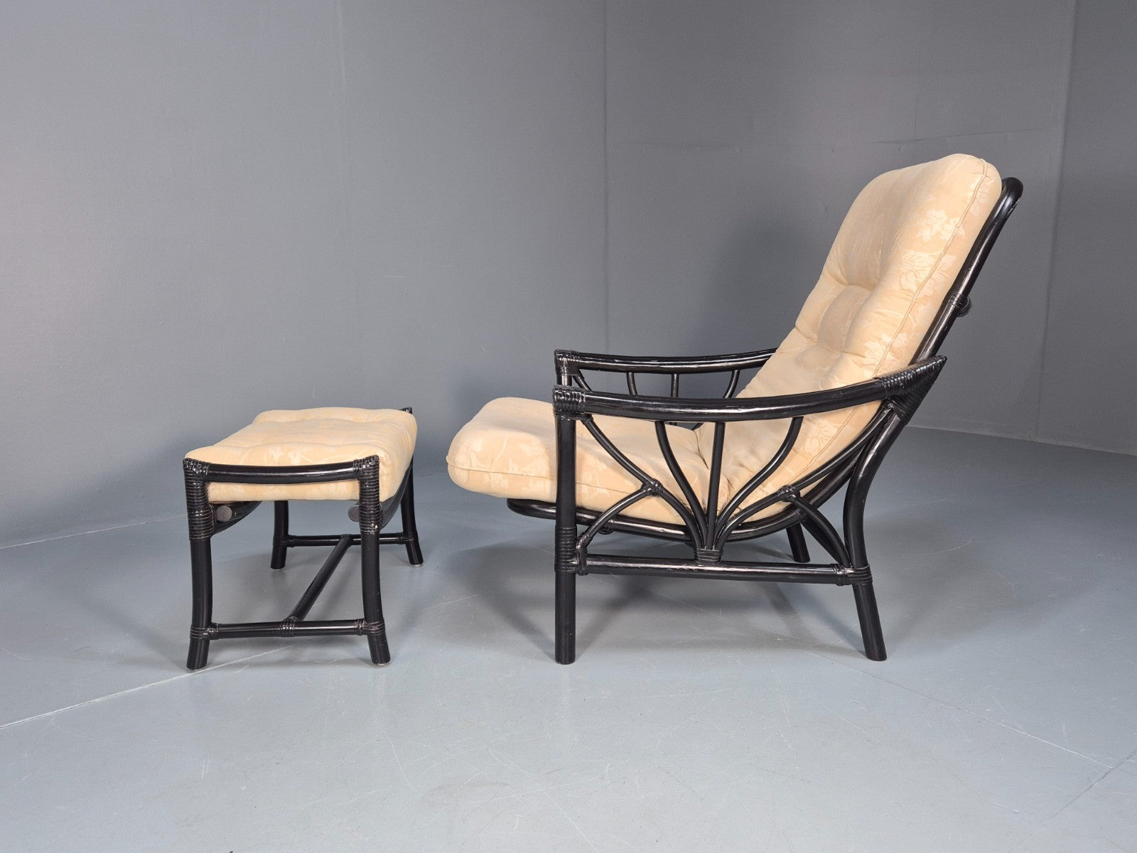 Vintage Japanned Bamboo Lounge Chair and Footstool 1980s Retro EB10718 VBER2