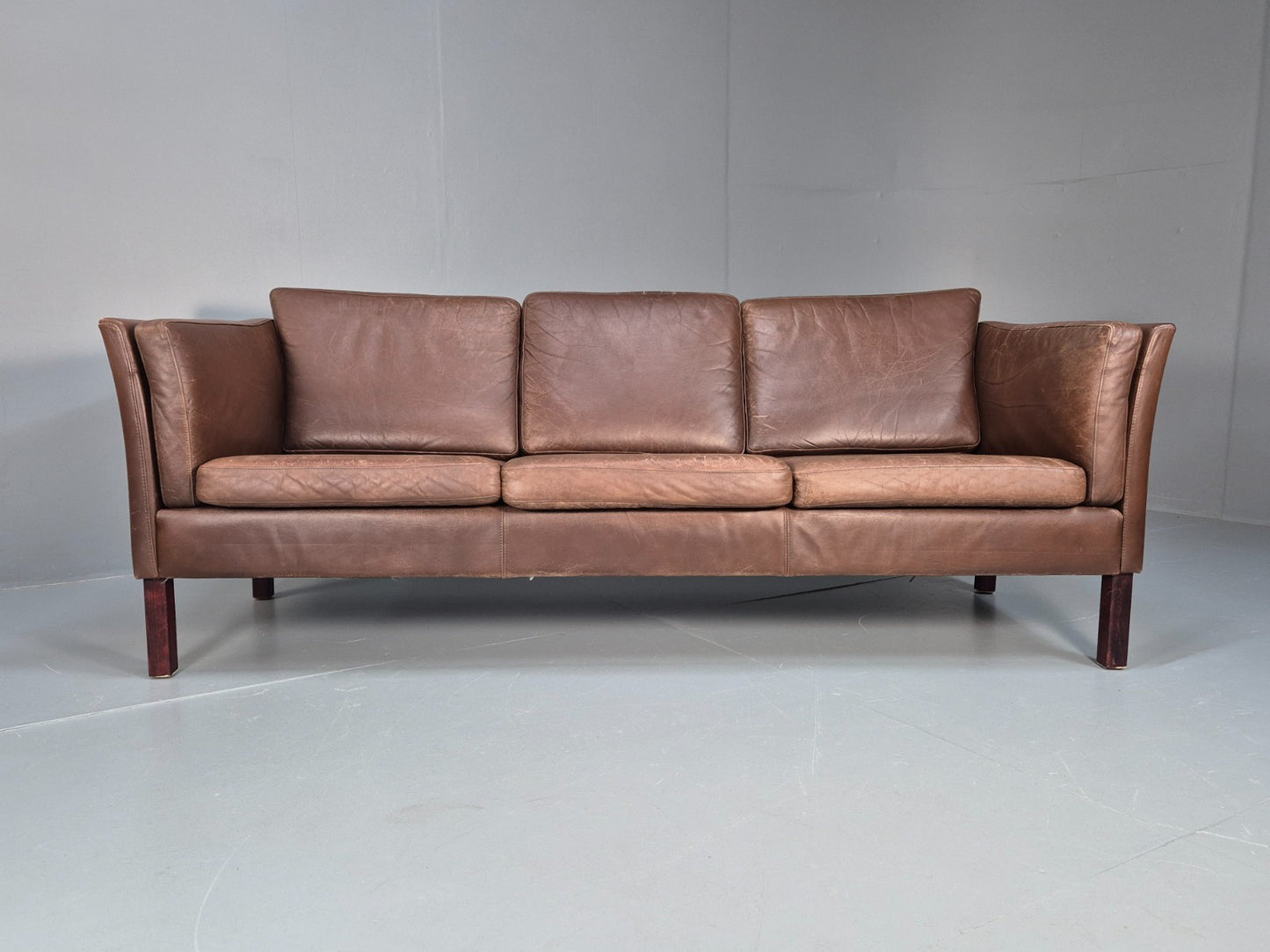 Mid Century Retro Settee Three Seater Brown Leather Vintage Denmark EB10081 M3SS6