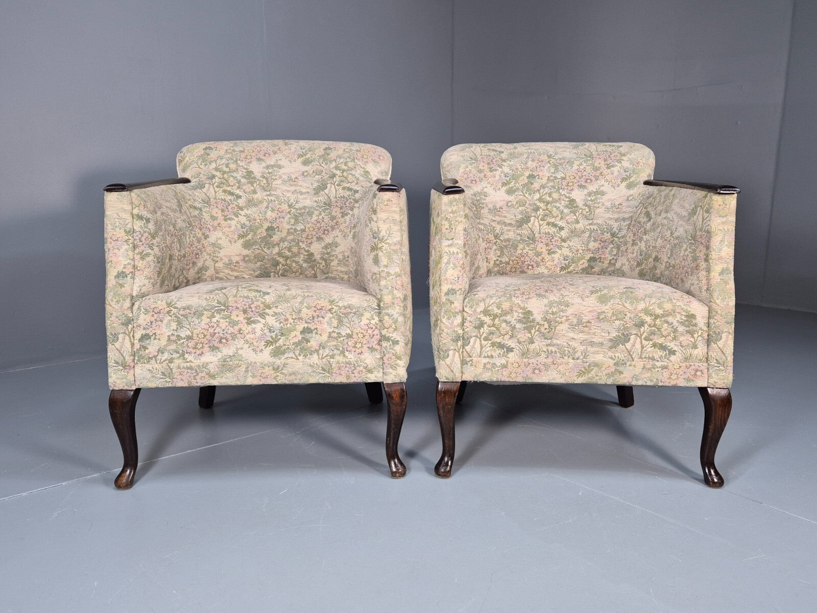 2 Vintage Danish Tub Chairs 1940s Floral Cotton 1980s Makeover EB9645 VCLO - UKDK FURNITURE