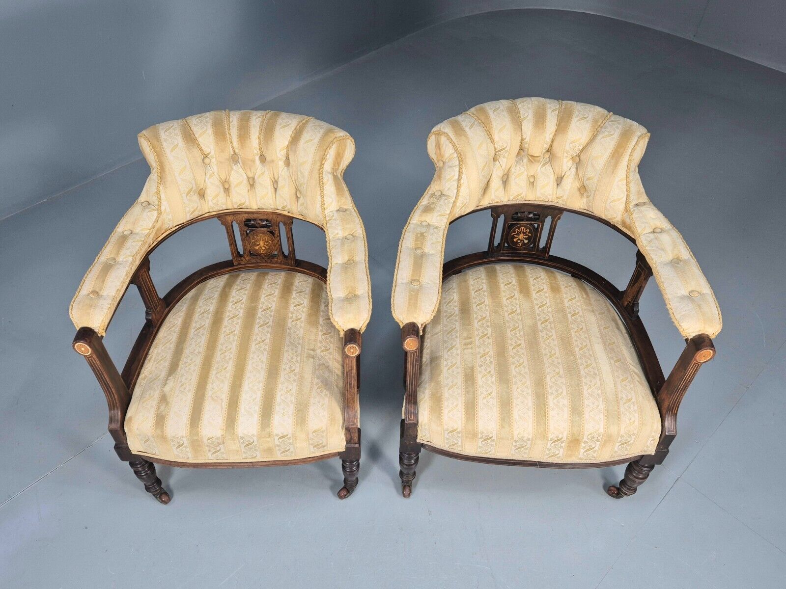 2 Vintage Lounge Chair Gold Stripe Mahogany Inlay Edwardian Revival EB8429 VCLO - UKDK FURNITURE