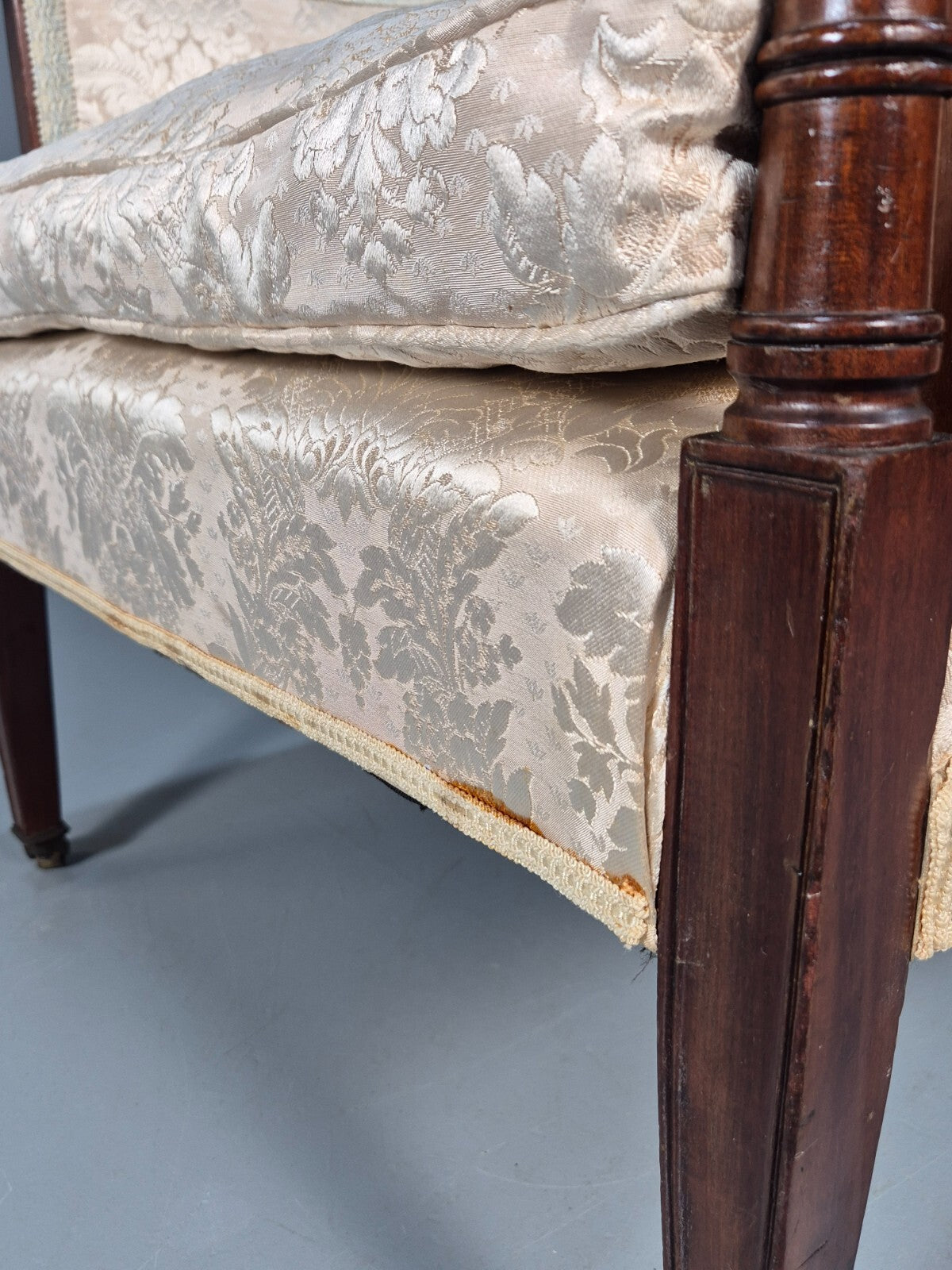 Antique Edwardian Mahogany Armchair Satin Creme Leaf Pattern Fabric EB8446 VCLO - UKDK FURNITURE