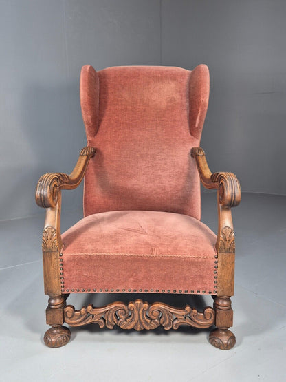 Vintage Danish Lounge Chair Pink Peach Velour Oak 17th Century Style EB8985 VCLO - UKDK FURNITURE