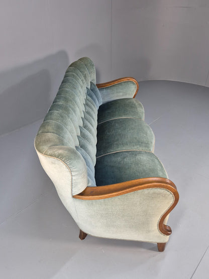 Vintage Danish Art Deco Sofa Blue Velvet Velour Oak Frame Shell Back EB9591 V3SS - UKDK FURNITURE