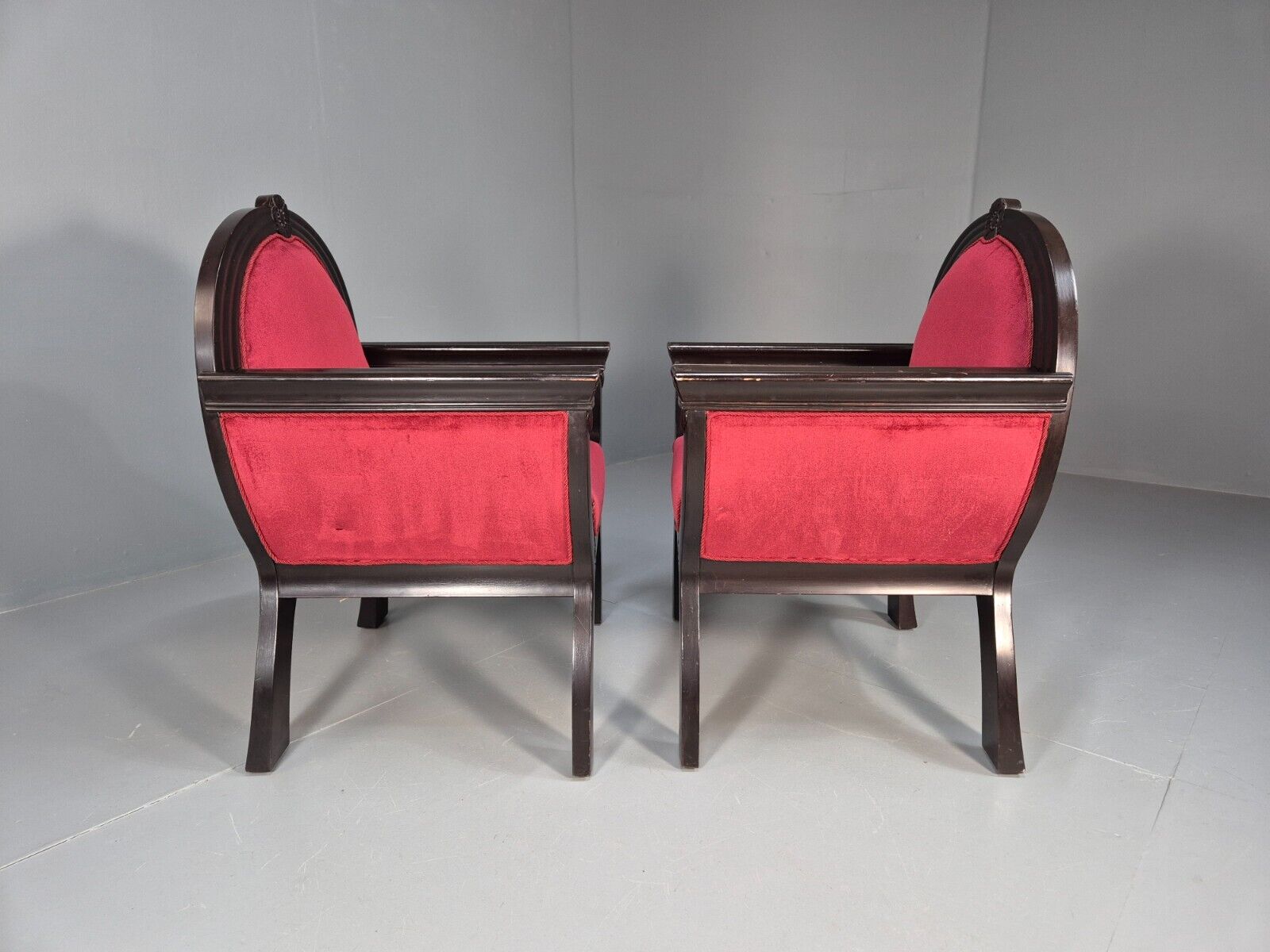 2 Vintage Danish Lounge Chairs Red Velour Mahogany Gondola Style EB8997 VCLO - UKDK FURNITURE