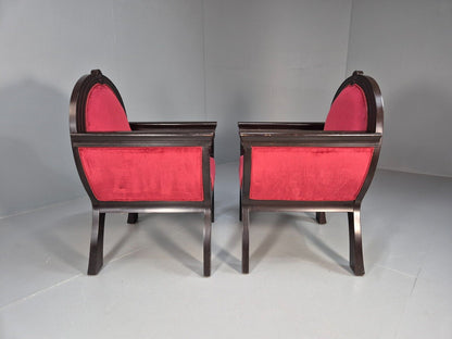 2 Vintage Danish Lounge Chairs Red Velour Mahogany Gondola Style EB8997 VCLO - UKDK FURNITURE