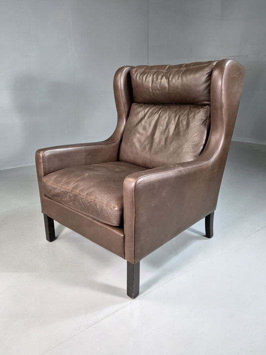 Vintage Danish Wingback Lounge Chair Brown Leather Mogensen Retro EB7211 MNOR - UKDK FURNITURE