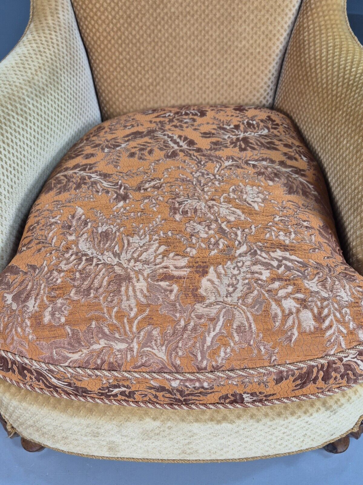 Antique Danish Gold Cotton & Mahogany Armchair EB8053 VCLO - UKDK FURNITURE