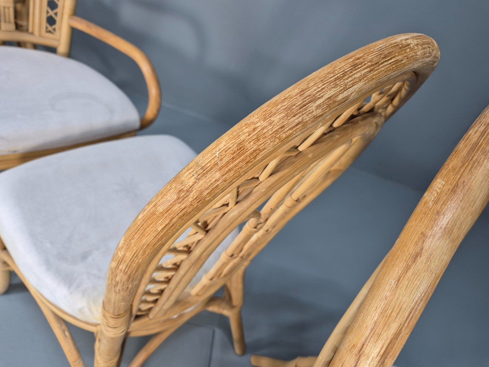 6 Vintage Cane Dining Chairs 1980s Retro 2 Carvers White Seat EB9704 VBER - UKDK FURNITURE