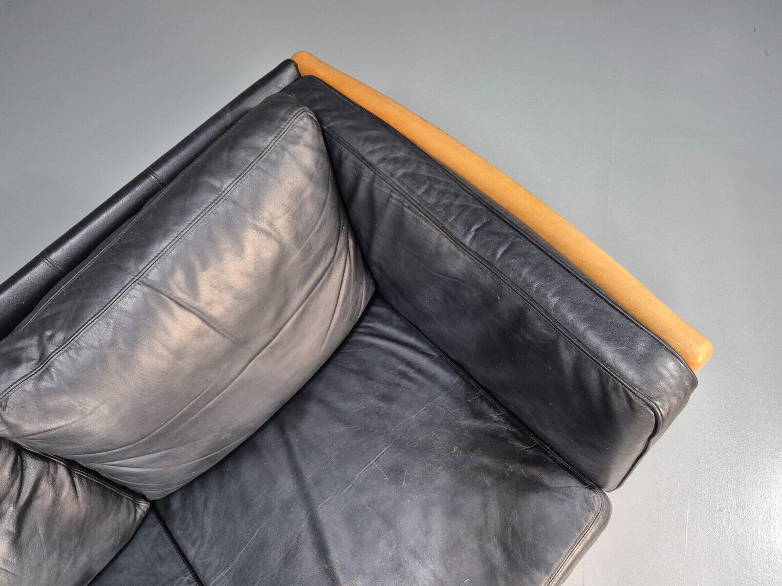 Vintage 3 Seat Sofa Black Leather Beech Ends Stouby Retro 1980s MCM EB8593 M3SS - UKDK FURNITURE