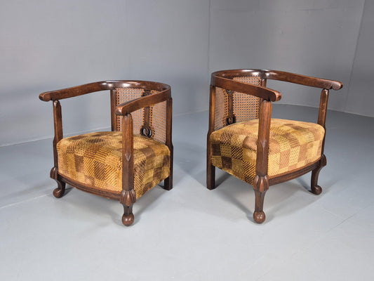 Pair Art Deco Tub Chairs Bergere Back Oak Frame Brown Velour 1930s EB10696 VCAR1