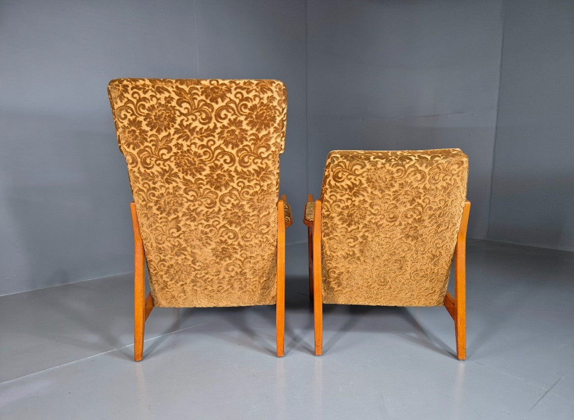 2 Swedish Lounge Chairs Gold Floral Moquette Beech Vintage 1960s MCM EB7031 MNOR9