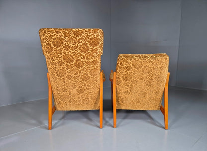 2 Swedish Lounge Chairs Gold Floral Moquette Beech Vintage 1960s MCM EB7031 MNOR9