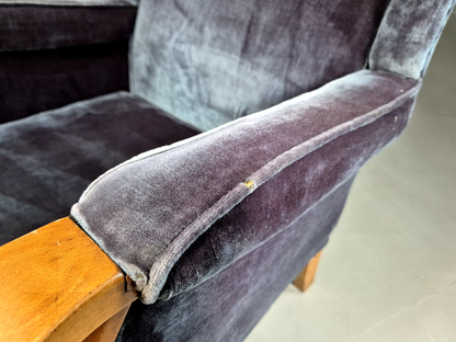 Vintage Lounge Wingback Chair Blue Velour Beech Frame 1950 Retro MCM EB7108 VCLO6