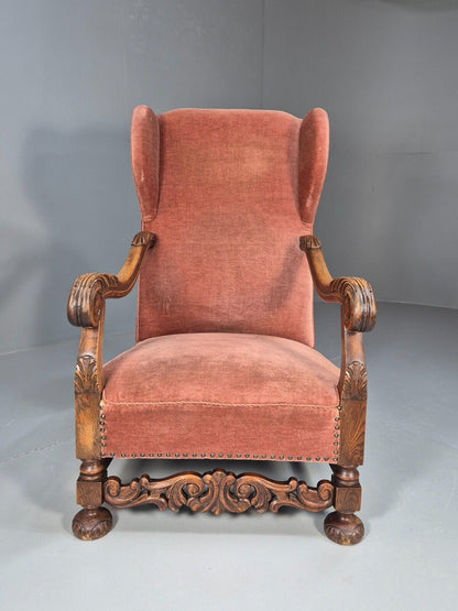 Vintage Danish Lounge Chair Pink Peach Velour Oak 17th Century Style EB8970 VCLO - UKDK FURNITURE