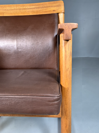 Vintage Scandinavian Elbow Chair Brown Leather Oak Frame Retro MCM EB7301 MNOR - UKDK FURNITURE