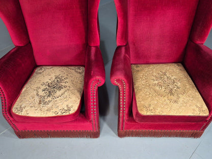 Pair Vintage Danish Wing Back Red Velour Studded Armchairs EB8059 VCLO - UKDK FURNITURE
