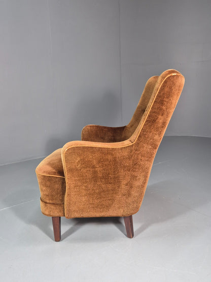 Mid Century Tub Chair Danish 1960s Brown Velour Retro Buttons EB10755 MNOR12