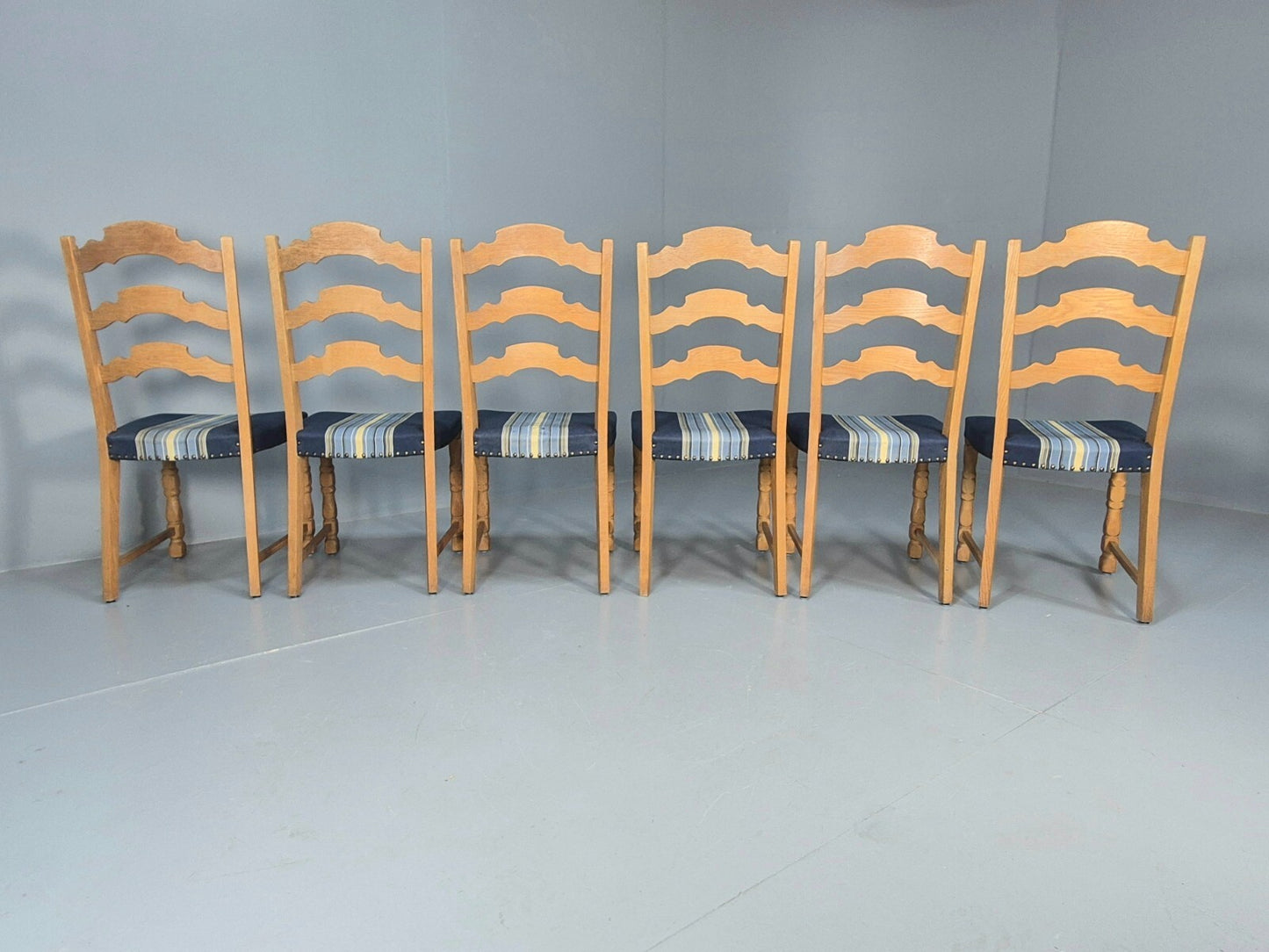 Six Oak Dining Chairs Blue Fabric Henning Kjaernulf Style Vintage EB9361 MDIN - UKDK FURNITURE