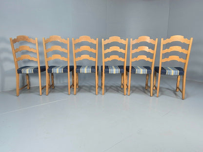 Six Oak Dining Chairs Blue Fabric Henning Kjaernulf Style Vintage EB9361 MDIN - UKDK FURNITURE