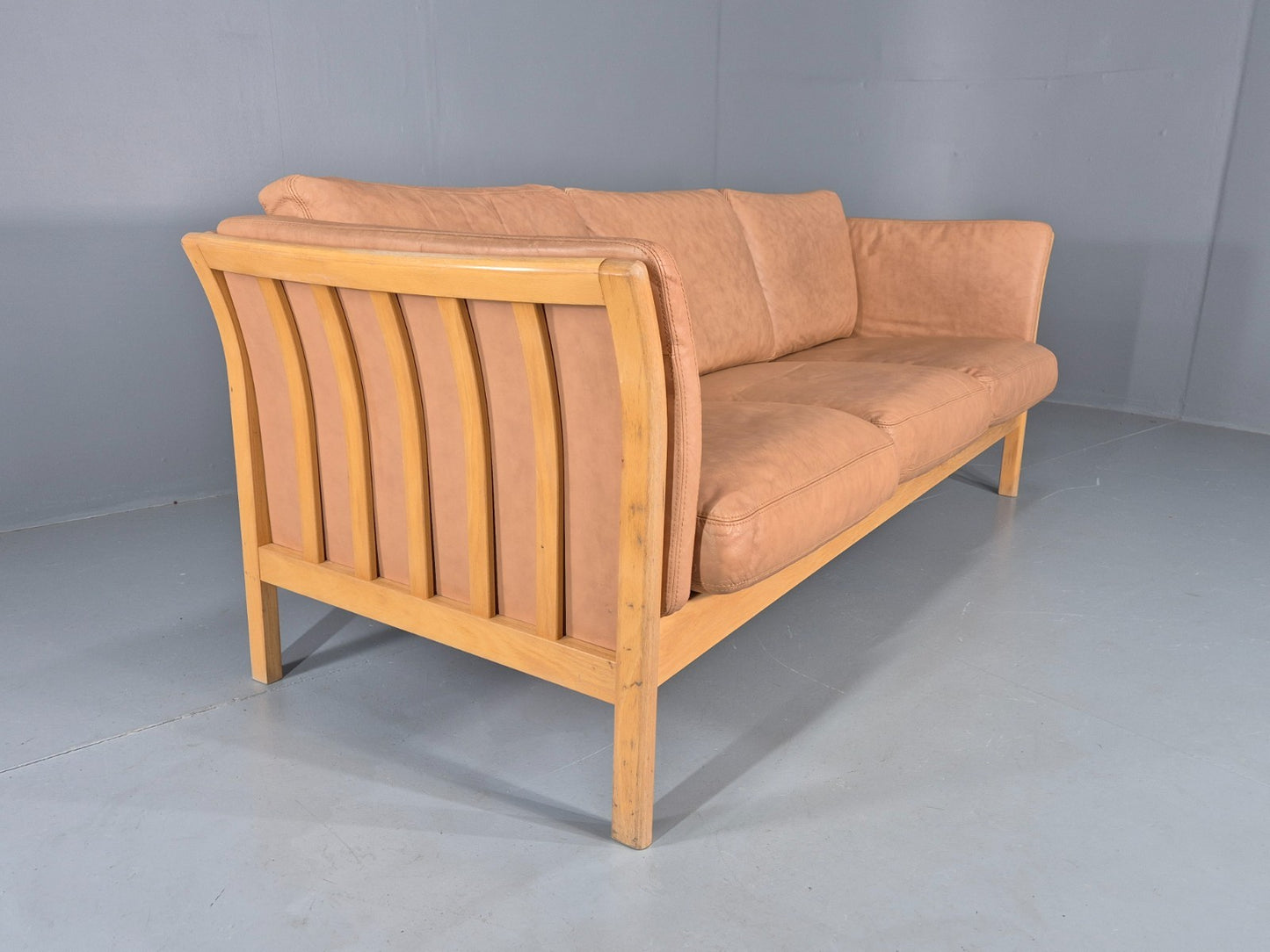 Vintage 3 Seater Sofa Danish Light Tan Leather Beech Skalma  Retro EB11914 M3SS14