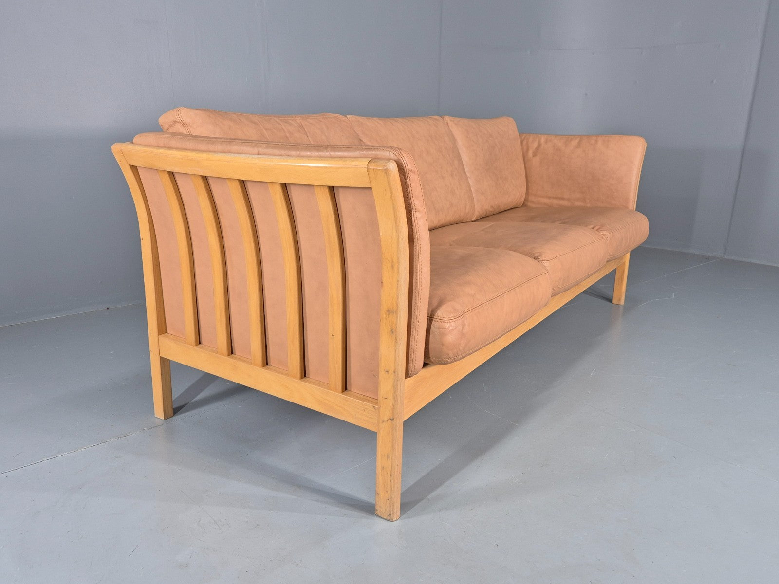 Vintage 3 Seater Sofa Danish Light Tan Leather Beech Skalma  Retro EB11914 M3SS14