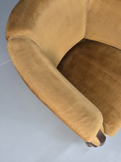 Vintage Danish Deco Era Tub Chair Gold Velour Mahogany 1930s EB9051 VCLO - UKDK FURNITURE