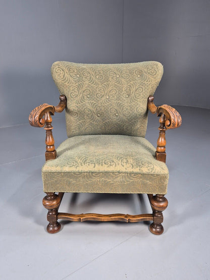 Vintage Danish Lounge Chair Green Moquette Carved Oak Frame 1940s EB8981 VCLO - UKDK FURNITURE