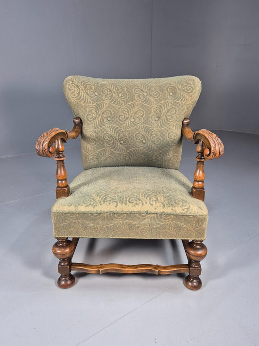 Vintage Danish Lounge Chair Green Moquette Carved Oak Frame 1940s EB8981 VCLO - UKDK FURNITURE