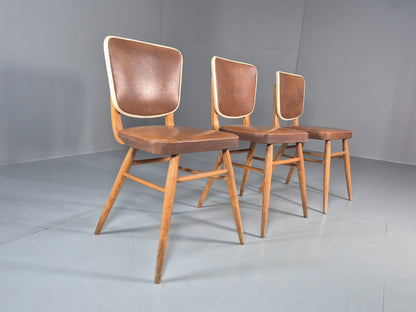 Vintage 1960s Dining Chairs - 3 In Brown Vinyl Beech Frames MCM EB10997 MDIN1