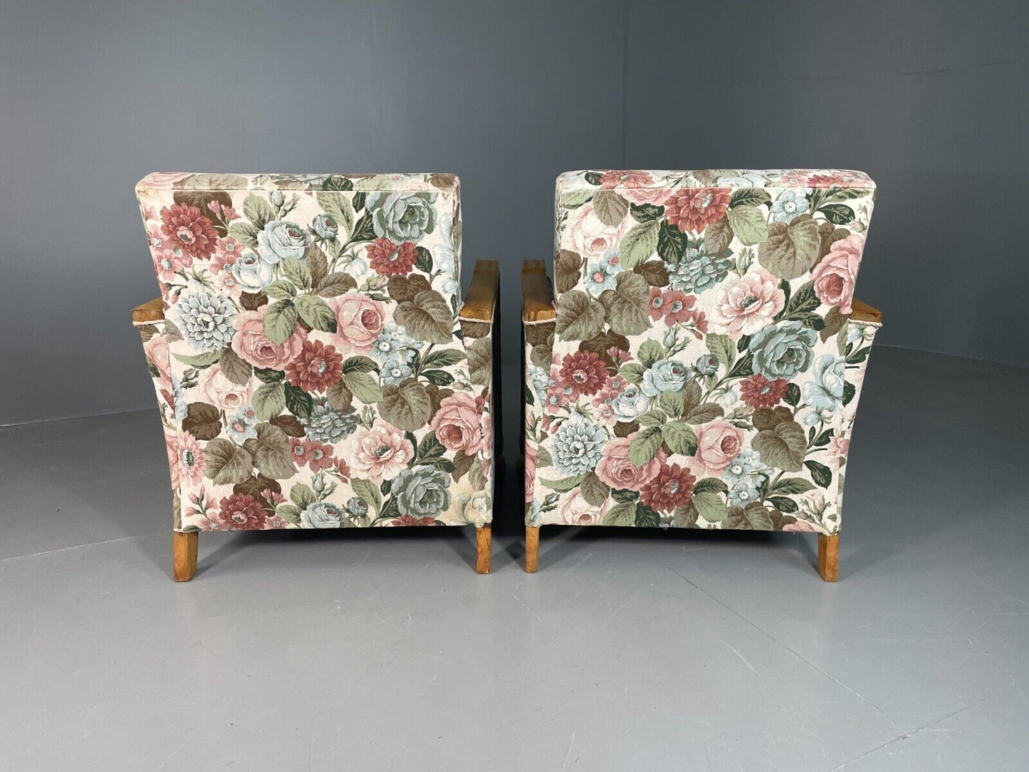 EB6654 2 Vintage Danish Lounge Chairs Floral Honey Oak Art Deco Antique VCLO - UKDK FURNITURE