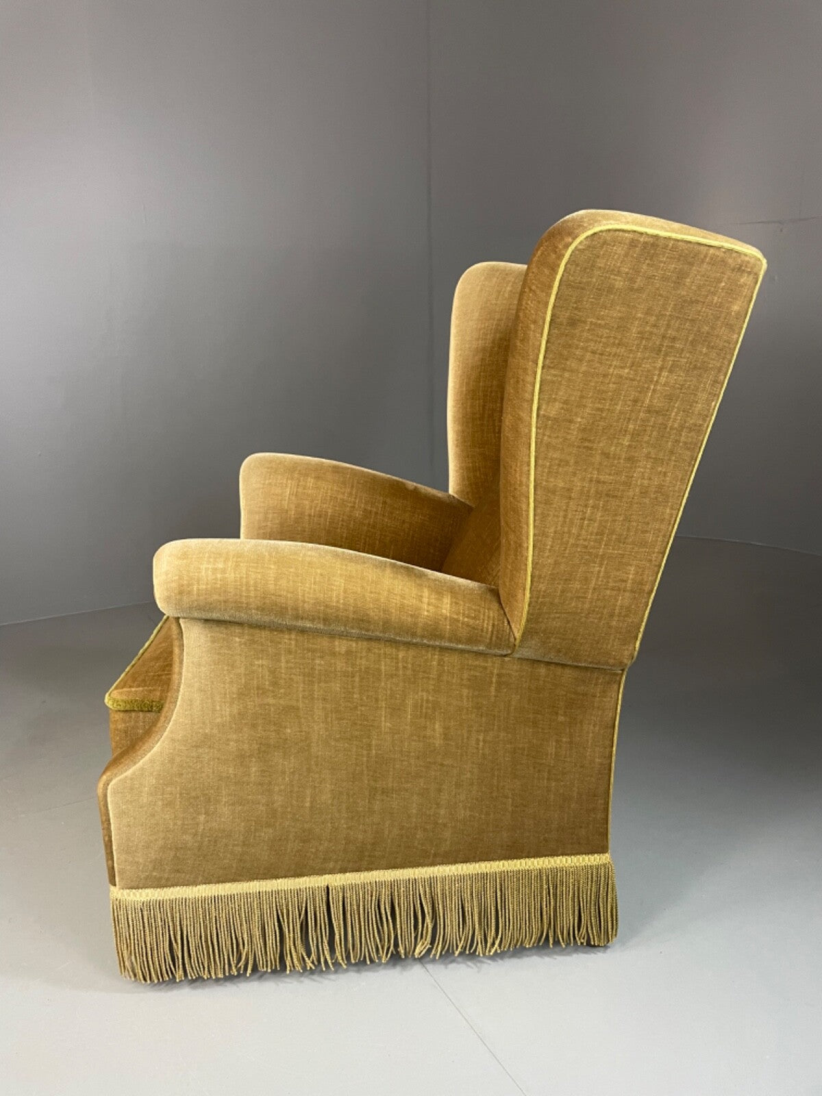 Vintage Danish Wingback Armchair Olive Green Tassel Trim 1950s 1960s VCLO EB48945