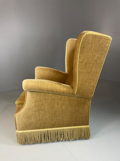 Vintage Danish Wingback Armchair Olive Green Tassel Trim 1950s 1960s VCLO EB48945