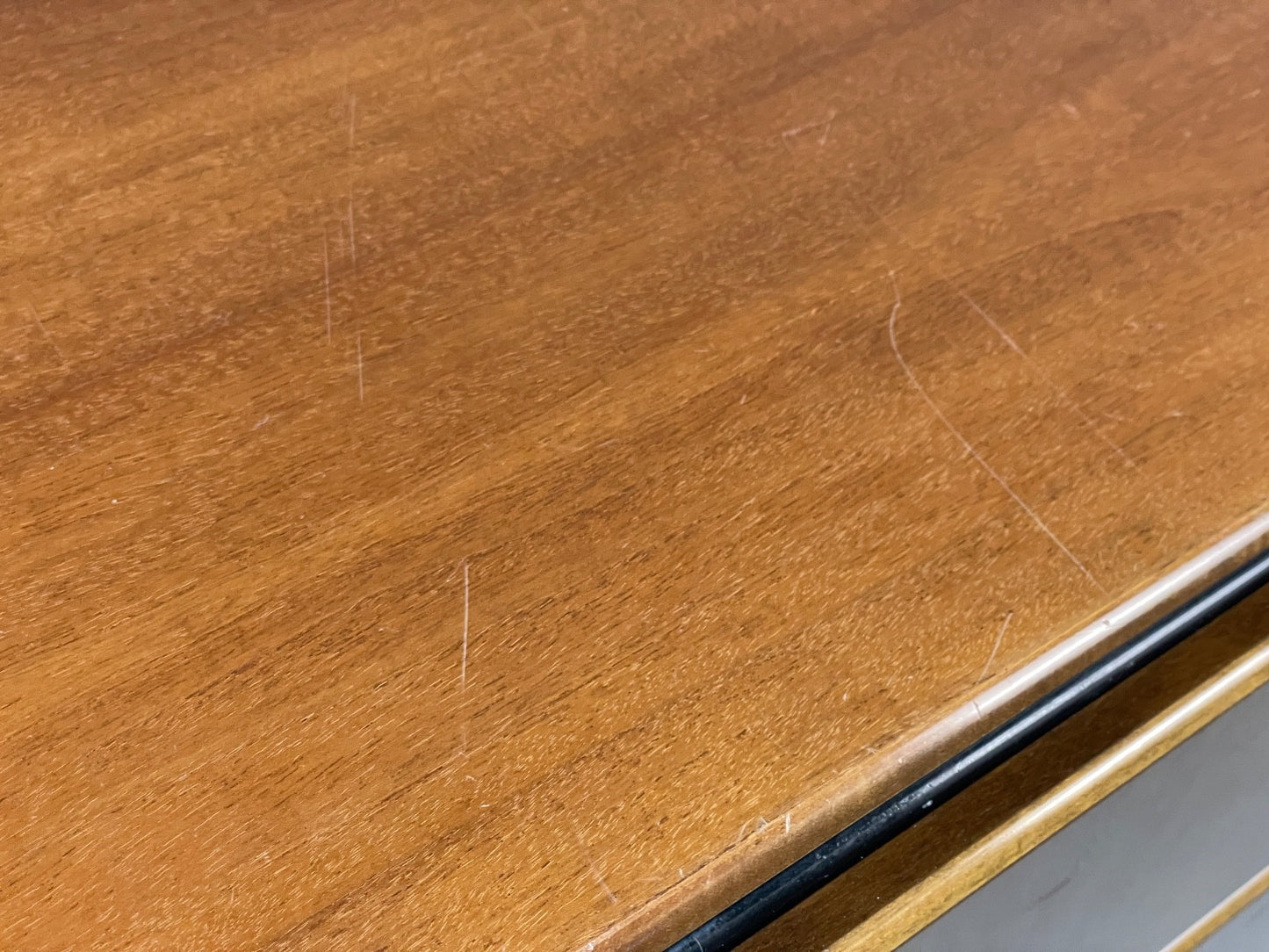 Vintage 1980s Cherry Desk Three Drawers Ball Feet Post Modern EB11058 MWOO9