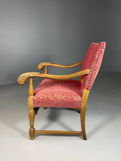 Vintage Danish Lounge Chair Oak Red Moquette 17th Century Style EB6942 VCLO6