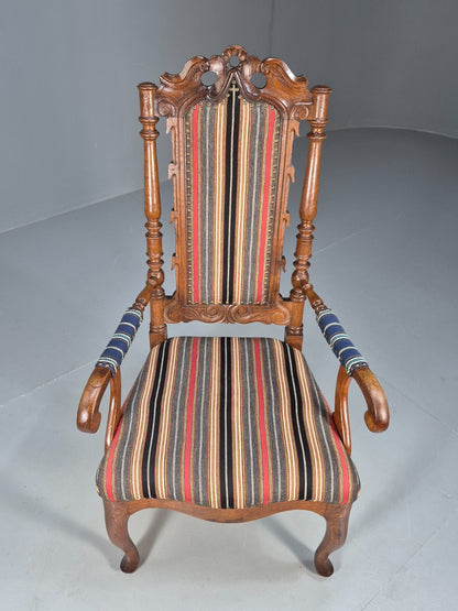 Vintage Danish Antique Armchair Early C20th Oak Frame Striped Wool EB8915 VCAR - UKDK FURNITURE