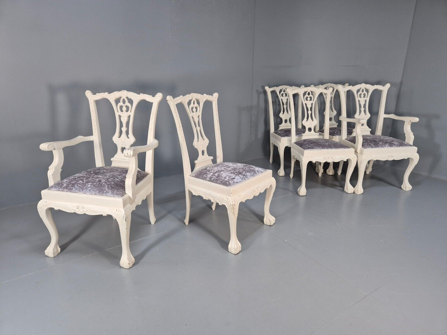 6 Vintage Chippendale Style Chairs White Painted Blue Chenille 1950s EB9394 VDIN - UKDK FURNITURE