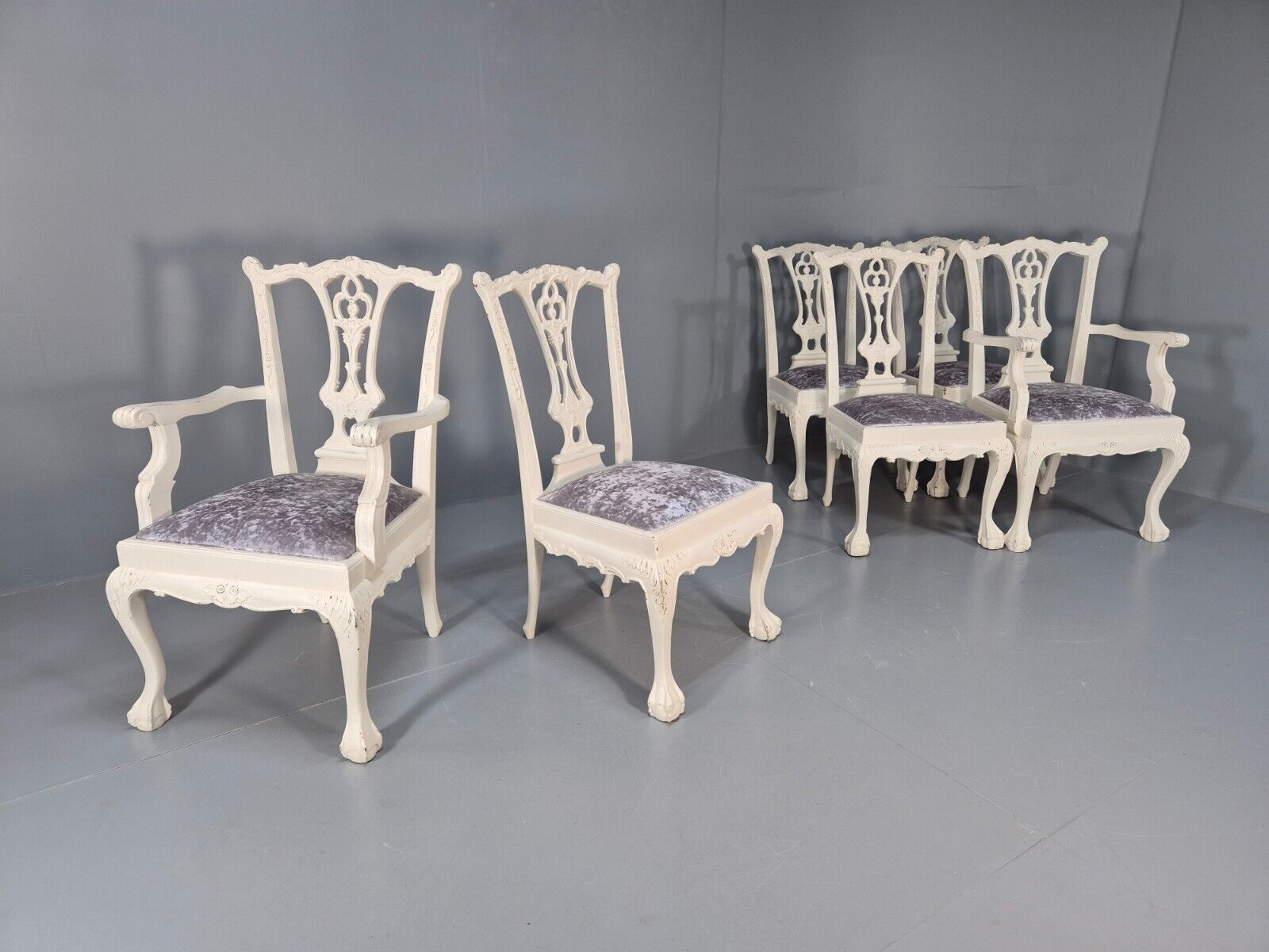6 Vintage Chippendale Style Chairs White Painted Blue Chenille 1950s EB9394 VDIN - UKDK FURNITURE