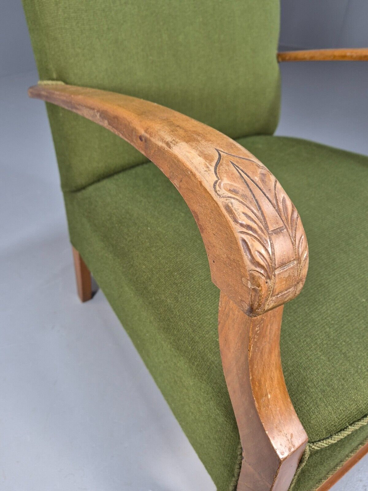Vintage Danish Lounge Chair Green Wool Wood Arms Art Deco 1950s EB8973 VCLO - UKDK FURNITURE