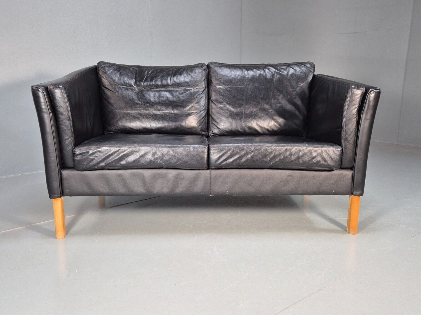 Vintage Danish 2 Seat Sofa Black Leather 1980s Retro MCM EB8697 M2SS - UKDK FURNITURE