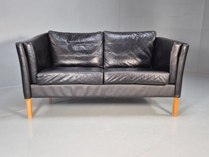 Vintage Danish 2 Seat Sofa Black Leather 1980s Retro MCM EB8697 M2SS - UKDK FURNITURE