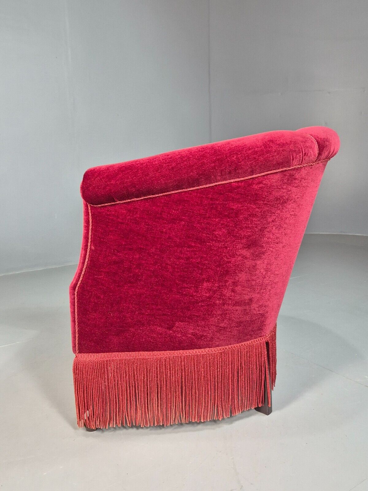 Vintage Danish Red Velour Tub Chair With Tassels Cabriole Legs EB8013 VCLO - UKDK FURNITURE