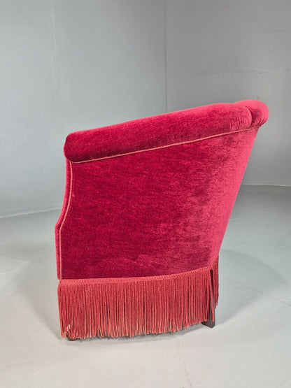 Vintage Danish Red Velour Tub Chair With Tassels Cabriole Legs EB8013 VCLO - UKDK FURNITURE